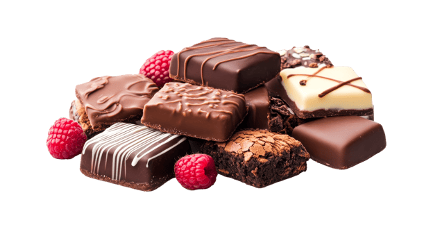 Pile of various chocolates with raspberries, cut out transparent png