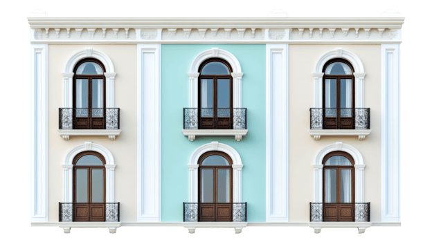 Facade with windows and balcony, architecture cut out transparent png