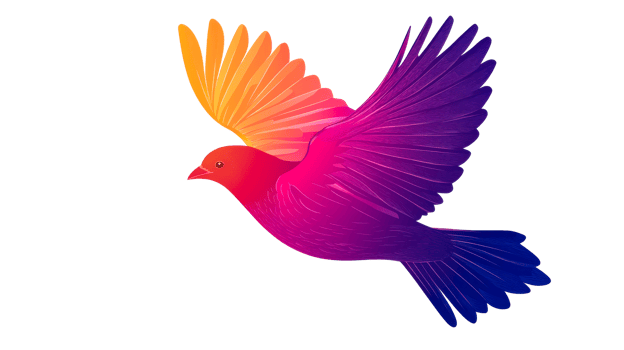 Bright gradient bird in flight against a black backdrop, cut out transparent png