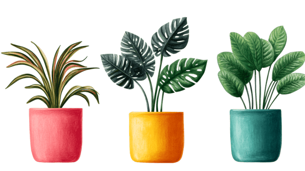 Potted plants in colorful pots on a black background, cut out transparent png