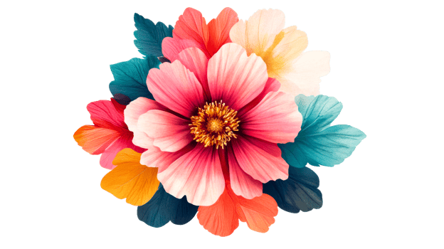 Vibrant floral arrangement with colorful petals and leaves, cut out transparent png