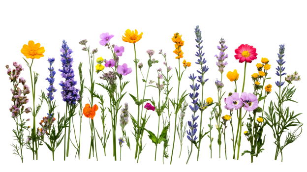 Wildflowers colorful meadow, isolated background, botanical variety, cut out transparent png