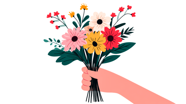 Hand holding bouquet with colorful flowers design, cut out transparent png