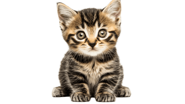 Charming tabby kitten with big eyes, looking forward, cut out transparent png