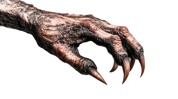 Monster hand with claws, old skin, predator, fear, terror, cut out transparent png