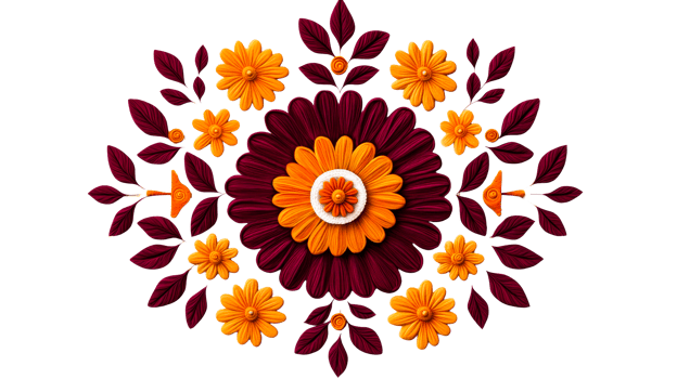 Floral mandala arrangement with stylized flowers and leaves, cut out transparent png