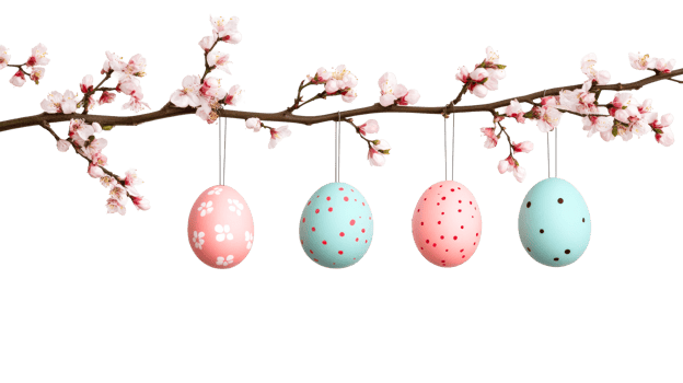 Easter eggs and spring blossom on branch, cut out transparent png