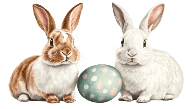 Two charming rabbits with Easter egg, cut out transparent png