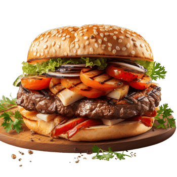 A large hamburger with vegetables and cheese png