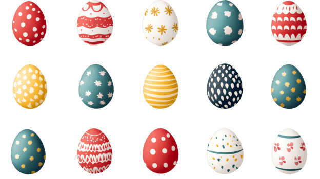 Colorful Easter Eggs with Various Patterns, cut out transparent png