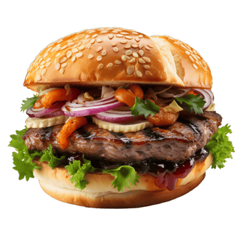 A hamburger with vegetables and meat on a bun png