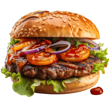A hamburger with tomatoes, onions and ketchup png