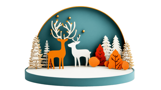 Deer in a winter forest with fir trees, stage decor, cut out transparent png
