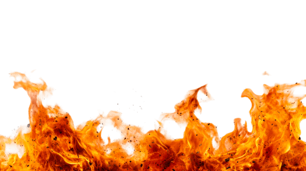 Dramatic fire flames with ash particles in a striking border, cut out transparent png