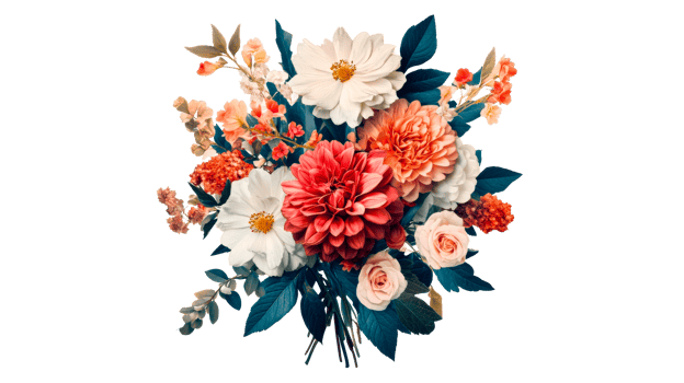 Colorful floral arrangement with dahlias and roses, cut out transparent png