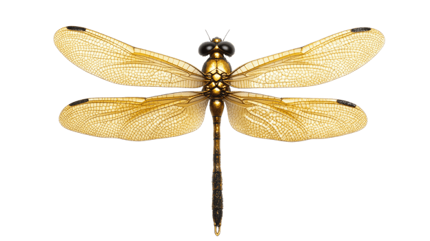Golden dragonfly with transparent wings, cut out transparent png
