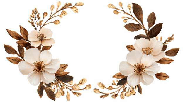 Floral frame with white flowers and golden branches, cut out transparent png
