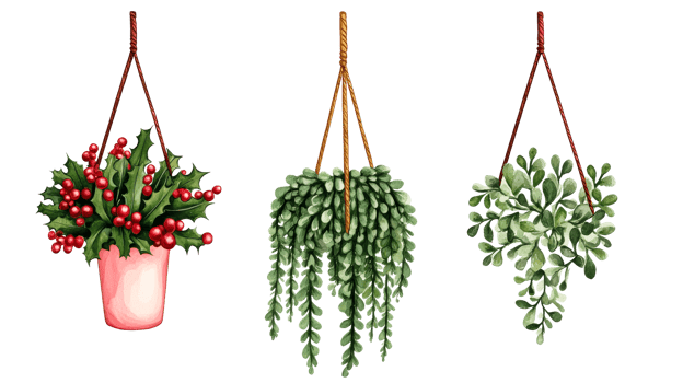 Hanging plants in pots with red berries and green leaves, cut out transparent png