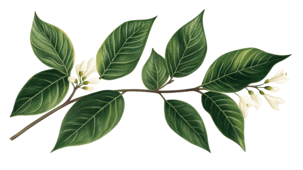 Tropical flowering twig with green leaves and white blooms, cut out transparent png