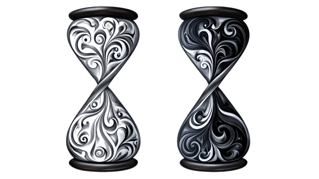 Ornate hour glasses on black background in artful design, cut out transparent png