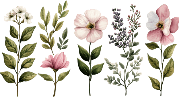 Watercolor floral botanical illustration, pastel spring garden blooms, cut out transparent png