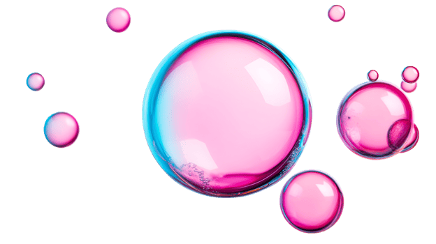 Bubbles reflecting a pink light with a blue edges, cut out transparent png
