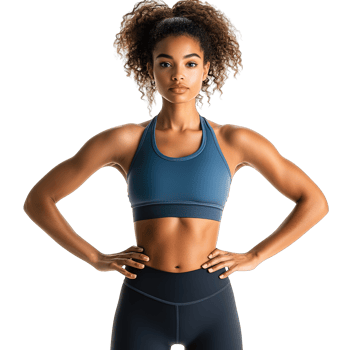Strong and Confident Athletic Female Model in Blue Sports Bra and Black Leggings Posing with Hands on Hips Against a Transparent Background png