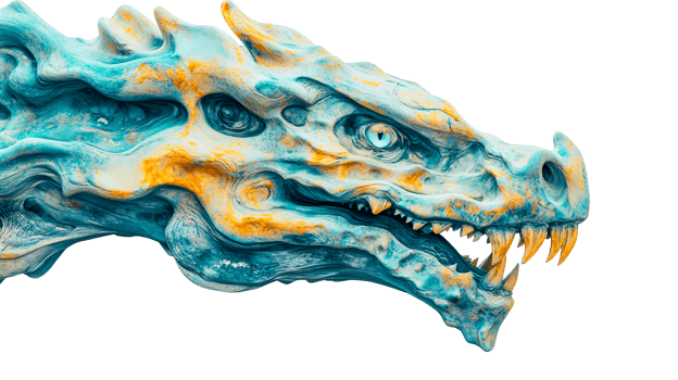 Detailed turquoise and gold dragon head with sharp teeth, cut out transparent png