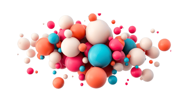 Spheres arrangement in vibrant colors on black background, cut out transparent png