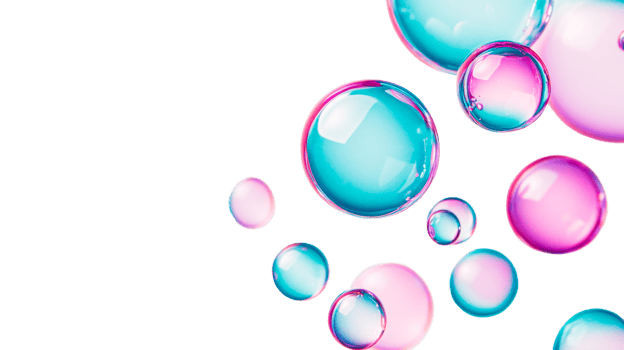 Colorful iridescent soap bubbles, floating against black background, cut out transparent png
