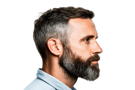 Bearded middle-aged man profile portrait on black background, cut out transparent png