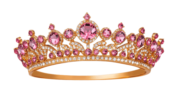 Golden crown with pink gems, luxury jewelry, elegance, beauty, cut out transparent png