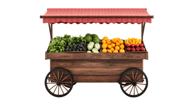 Farmers market cart filled with various fresh produce, cut out transparent png