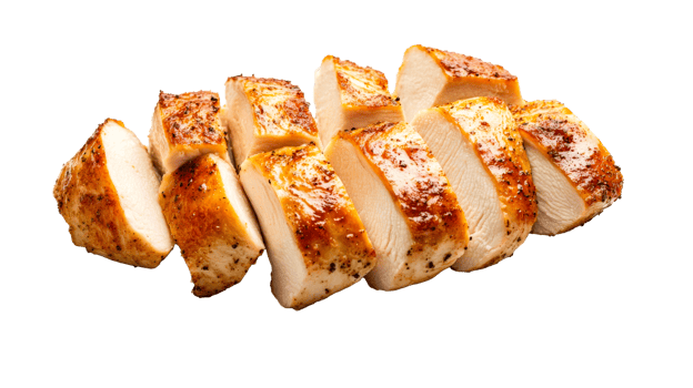 Grilled sliced chicken breast close-up, poultry meat, cut out transparent png
