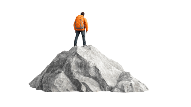 Hiker on the mountaintop contemplates the view, cut out transparent png