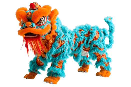 Vibrant Lunar New Year lion dance costume, festive culture, tradition, cut out transparent png
