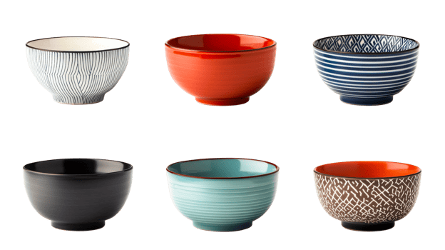 Colorful collection of traditional bowls on transparent background png