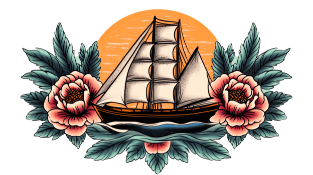 Sailing ship surrounded by flowers and sun in vibrant design png