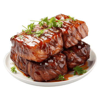 Three pieces of meat on a plate with sauce png