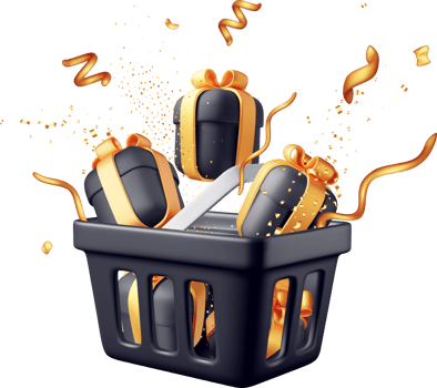 3D black shopping basket, gift box in confetti png