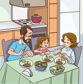 Happy family eating in the kitchen. Mother, father and daughter eating illustration vector