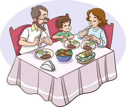 Happy family eating in the kitchen. Mother, father and son eating illustration vector