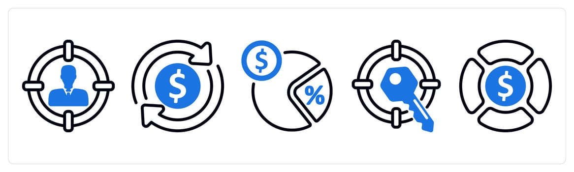 Set of 5 business icons as target customer, tax refund, tax rate vector