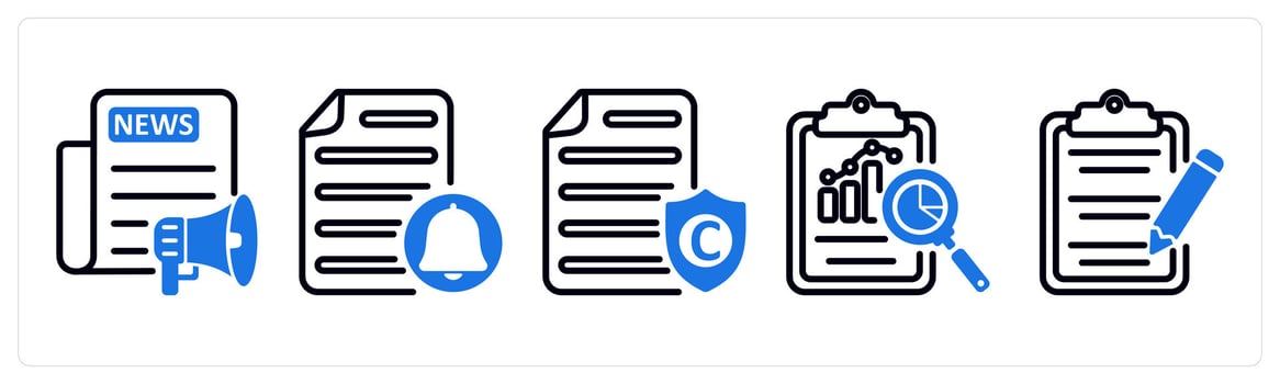 Set of 5 business icons as press release, file notification, copyright protection vector