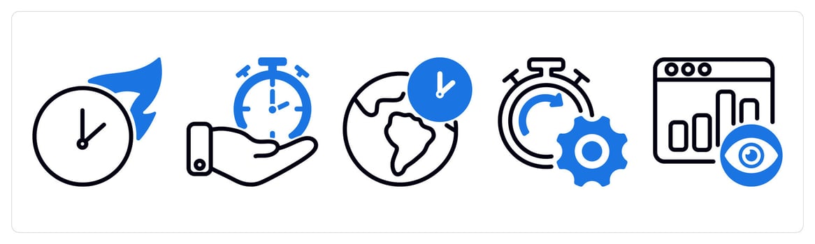 Set of 5 business icons as hot time, time management, global time zone vector