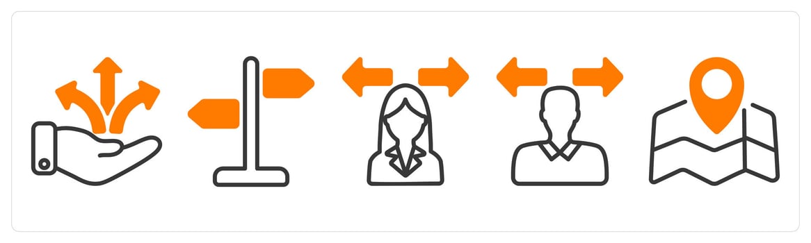 Set of five business icons as business direction, direction sign, confusion vector