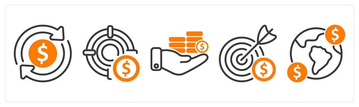 Set of five business icons as tax refund, profit target, investment vector