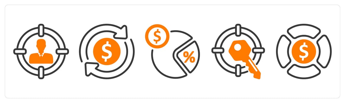 Set of five business icons as target customer, tax refund, tax rate vector
