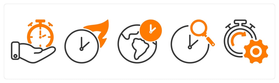 Set of five business icons as time management, hot time, global time zone vector