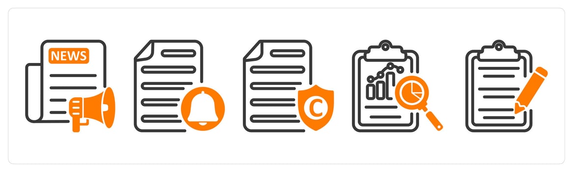 Set of five business icons as press release, file notification, copyright protection vector